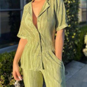 Short Sleeve Shirts Two Piece Set Women Fashion High Waist Green Trouser Suits 2